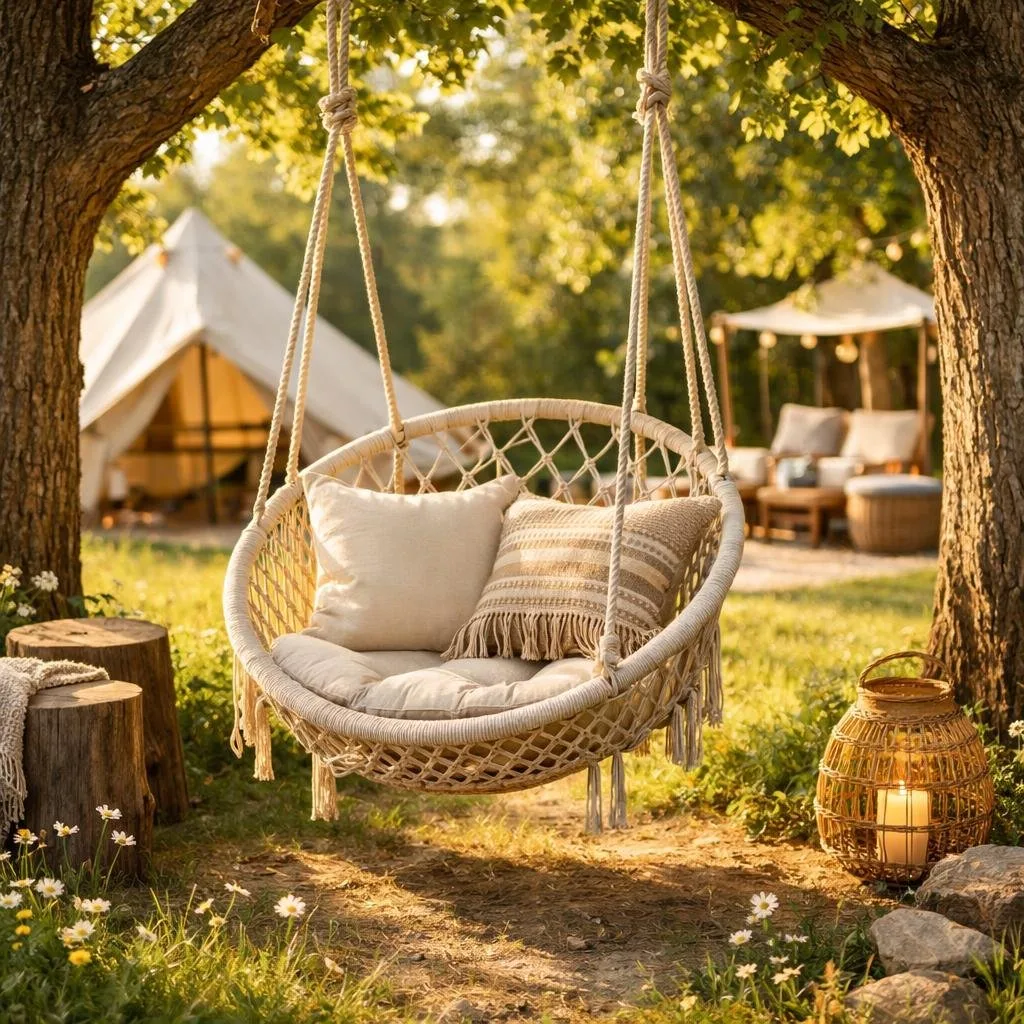 A hammock swing hanging between two trees in a sunny outdoor area surrounded by grass and wildflowers, with tents visible in the background.