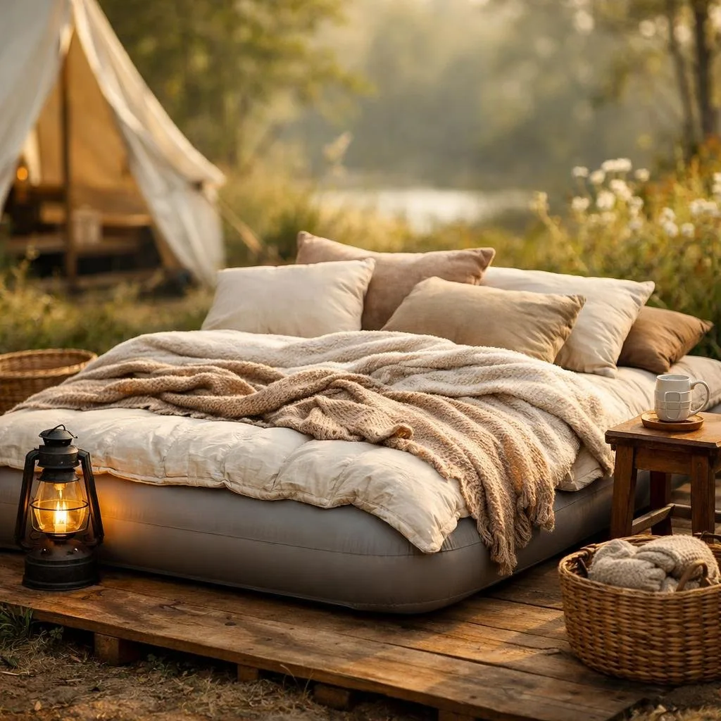 An outdoor inflatable mattress with plush bedding set up in a natural forest setting surrounded by greenery and sunlight.