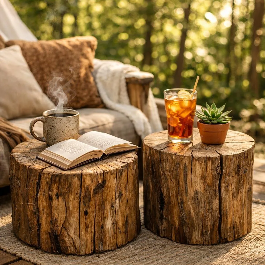 Two natural wood side tables outdoors holding drinks and books next to a comfortable seating area surrounded by trees.