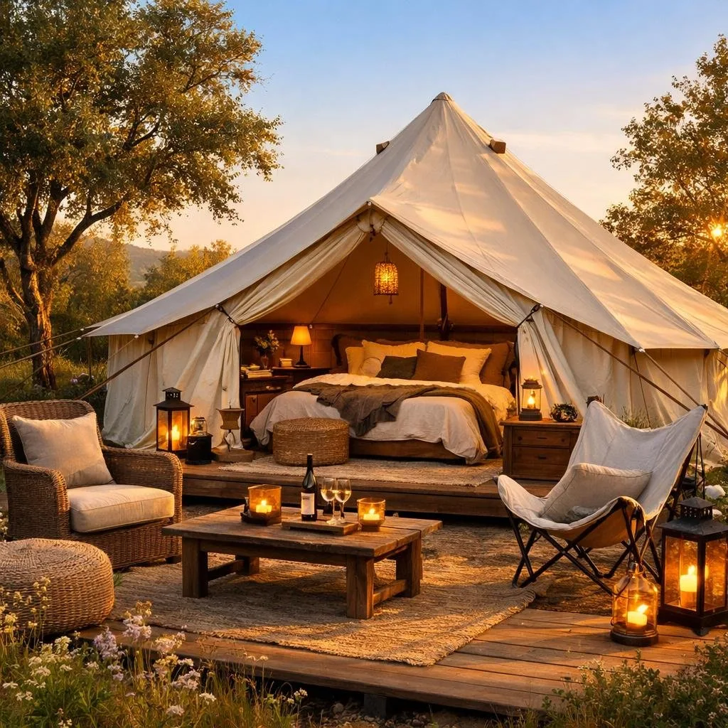 A cozy glamping tent set in a green forest clearing with outdoor seating and warm lighting during sunset.