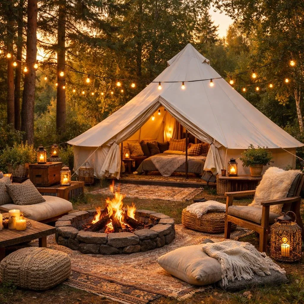 A luxury canvas tent in a forest clearing with outdoor seating, a fire pit, and decorative lights during sunset.