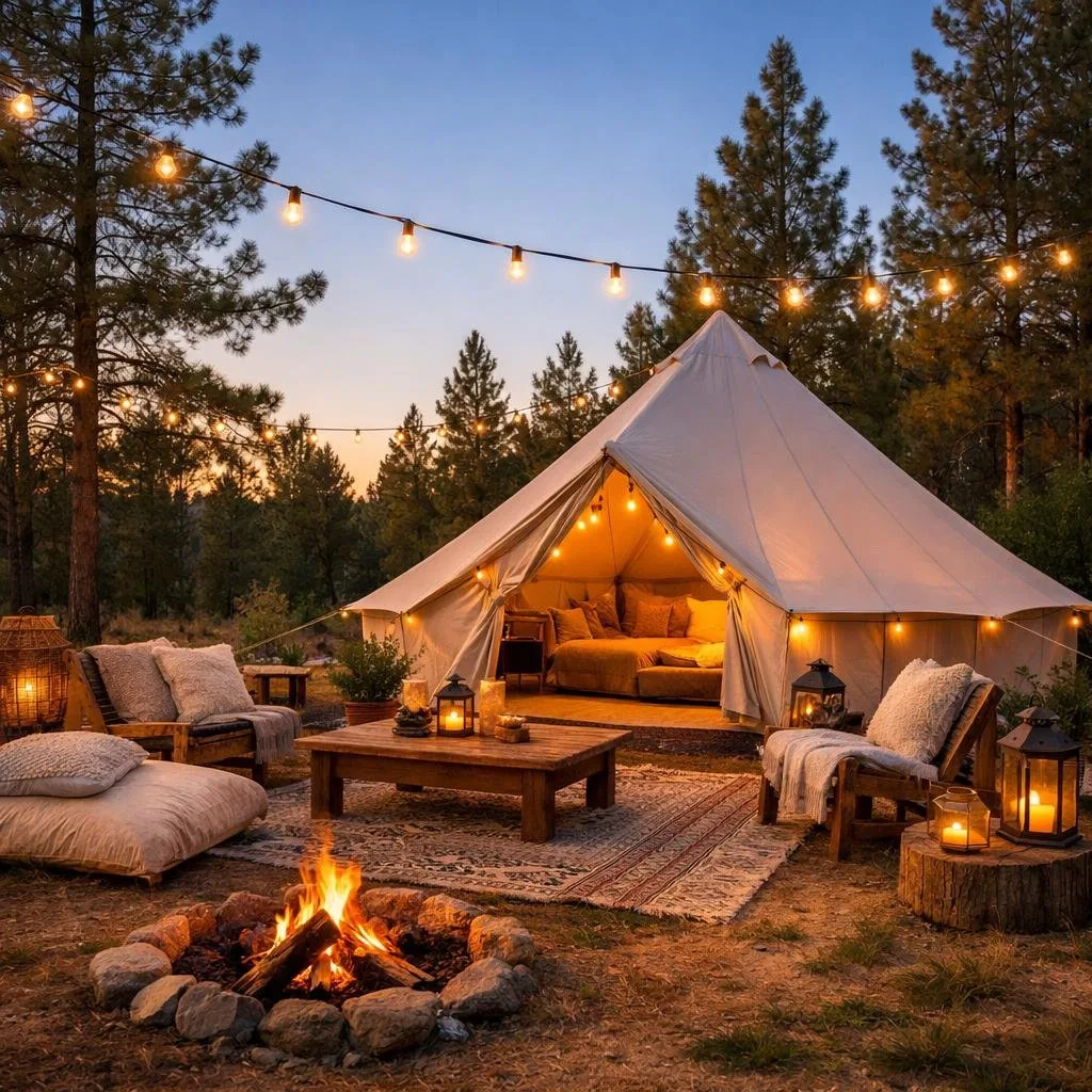 A luxurious canvas tent surrounded by trees with a cozy seating area, campfire, and string lights at sunset.