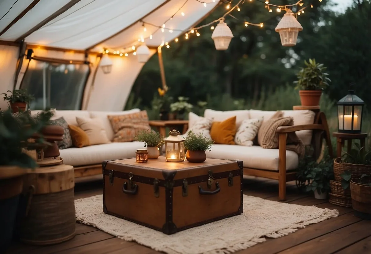 A cozy tent with plush pillows, a faux fur rug, and a vintage trunk serving as a coffee table. String lights and lanterns add a warm glow, while potted plants bring a touch of nature indoors