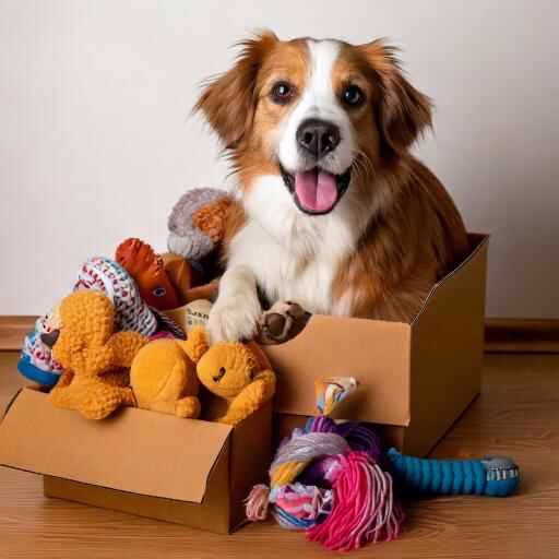 Happy dog sitting inside a box full of plush toys.