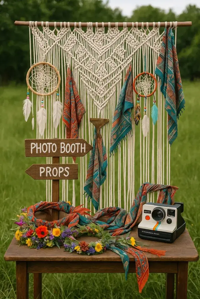 Boho style Photo Booth with props for a glamping birthday party.