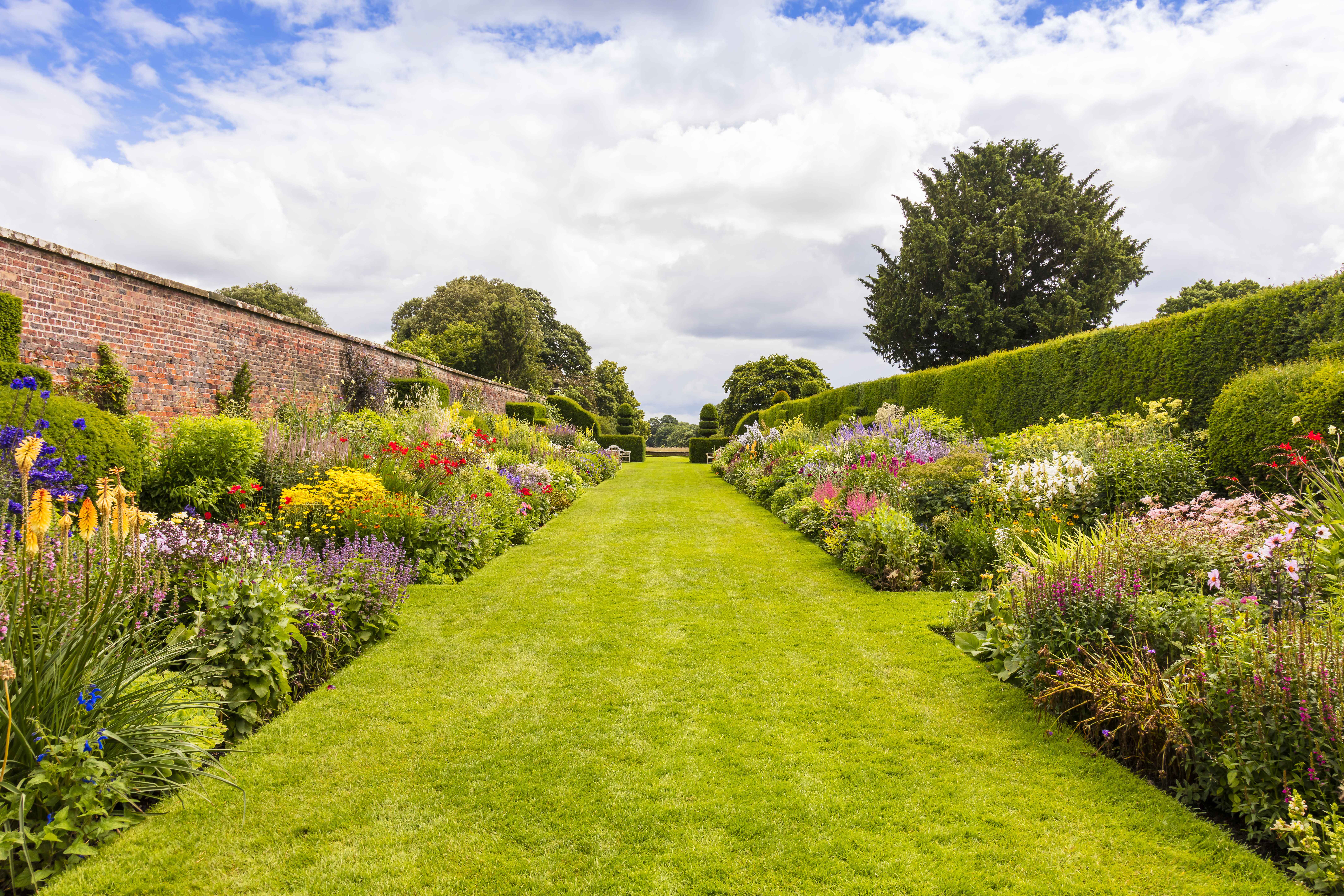 Botanical garden with lush green grass and flowers.