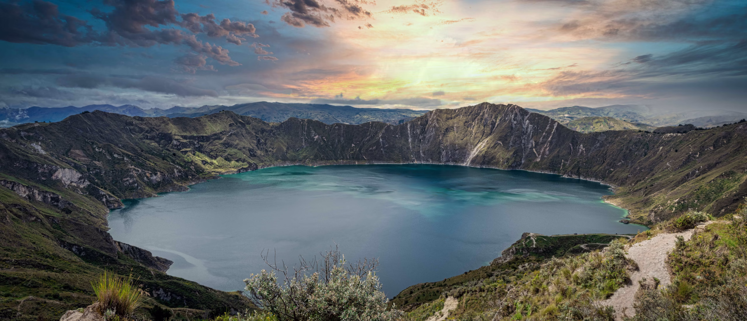 Crater lake at sunset.