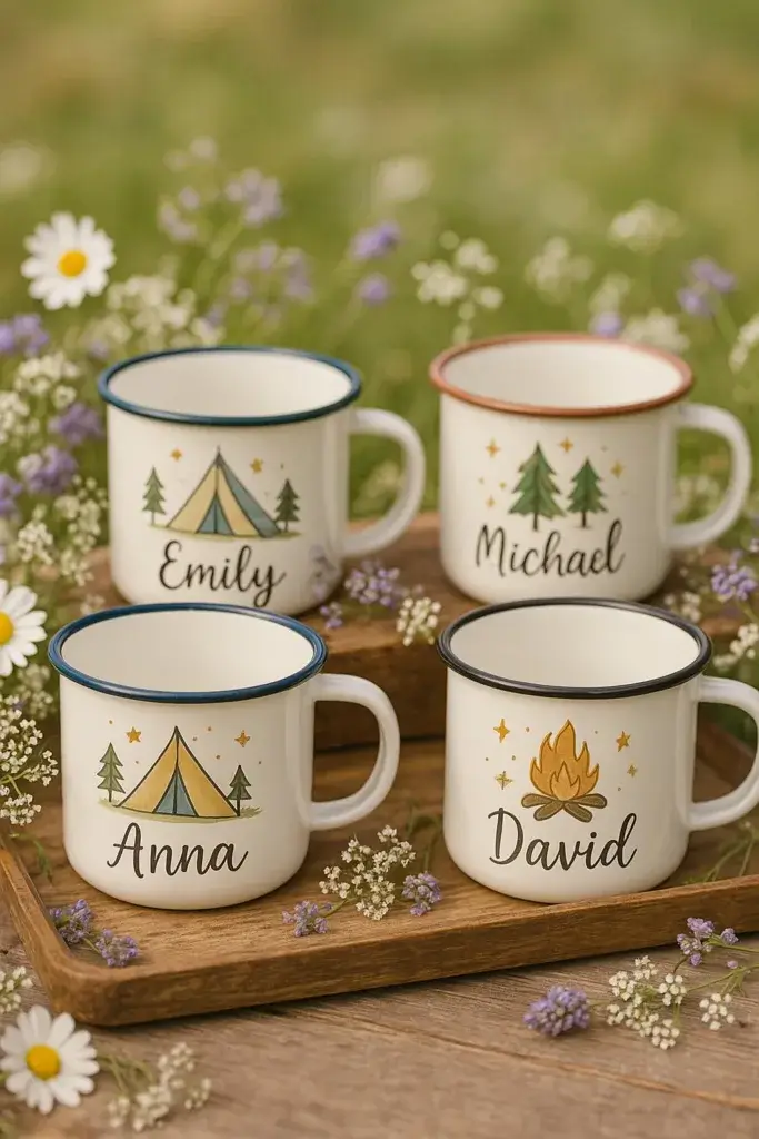 Custom mugs sitting on a table for a glamping birthday party favor.