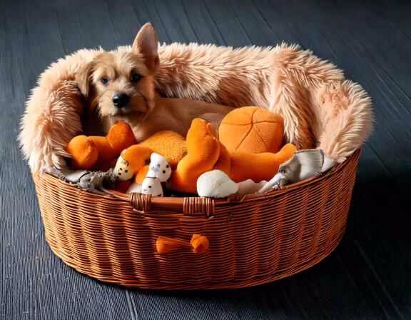 Small dog inside a basket with a fluffy blanket full of plush toys.