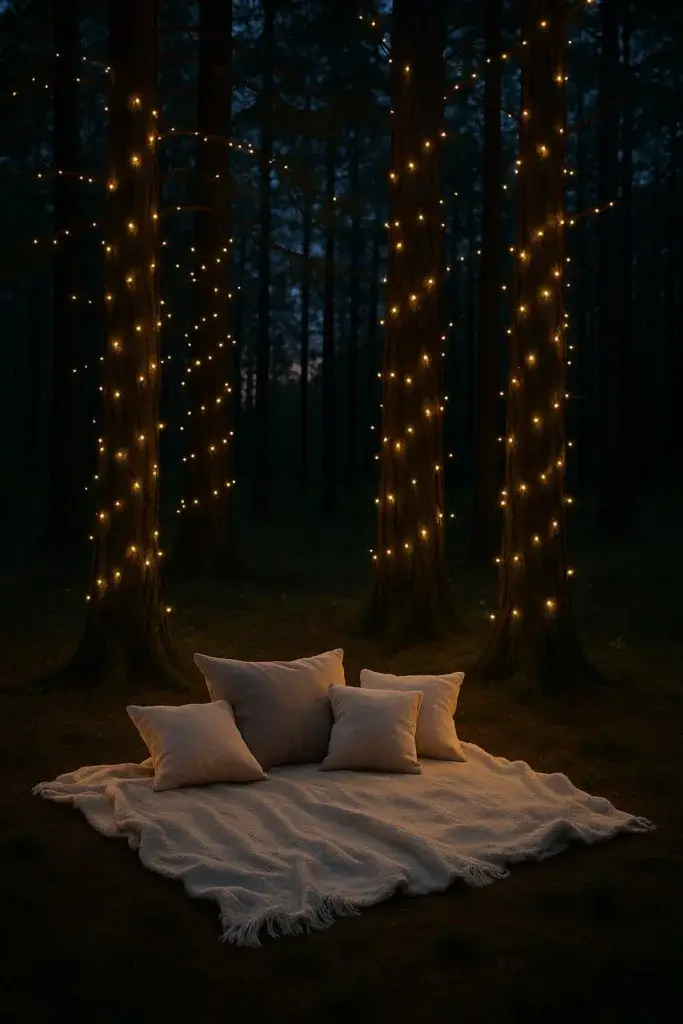 Fairy lights string around trees with a blanket and pillows lying on the ground.