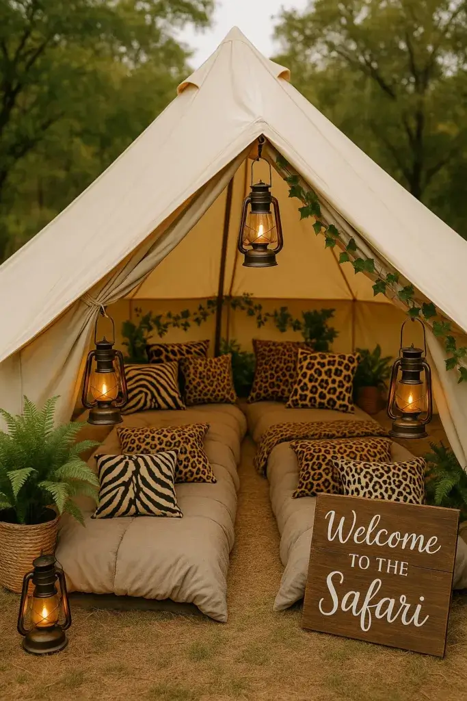 Safari-style glamping tent with animal print pillows decorated for a birthday party.