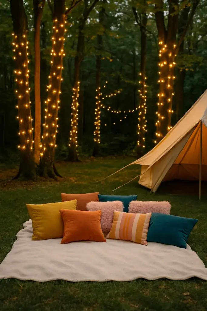 Fairy light forest theme set up in the backgard for a glamping party. There is a blanket on the ground with pillows and fairy lights wrapped around trees in the background.