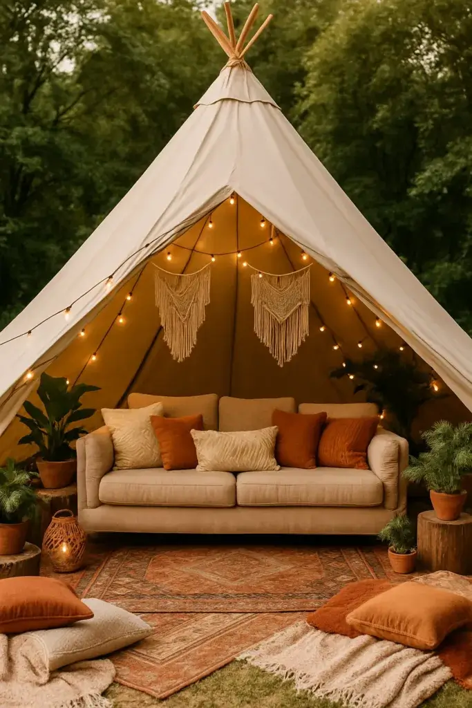 Luxury tipi lounge for a glamping birthday party with boho style decor, cozy couch, and soft pillows.