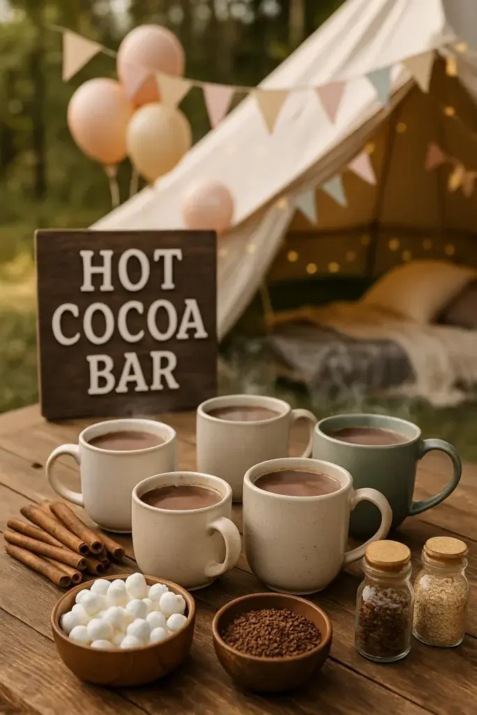 Hot Cocoa Bar with cups, cinnamon sticks, hot chocolate, and marshmallows for a glamping birthday party.
