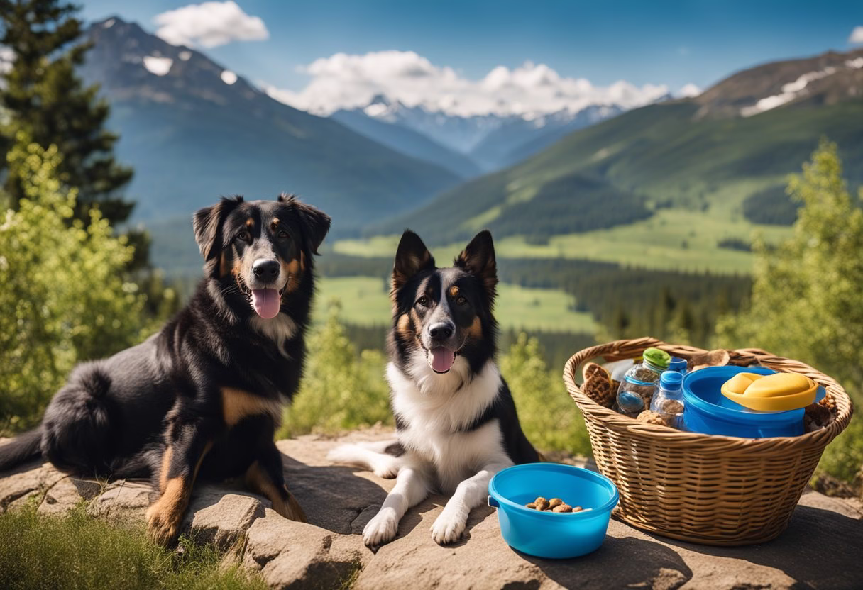 A dog sits beside a basket filled with outdoor adventure essentials: a leash, collapsible water bowl, dog treats, and a toy. The backdrop includes a scenic mountain landscape with trees and a blue sky