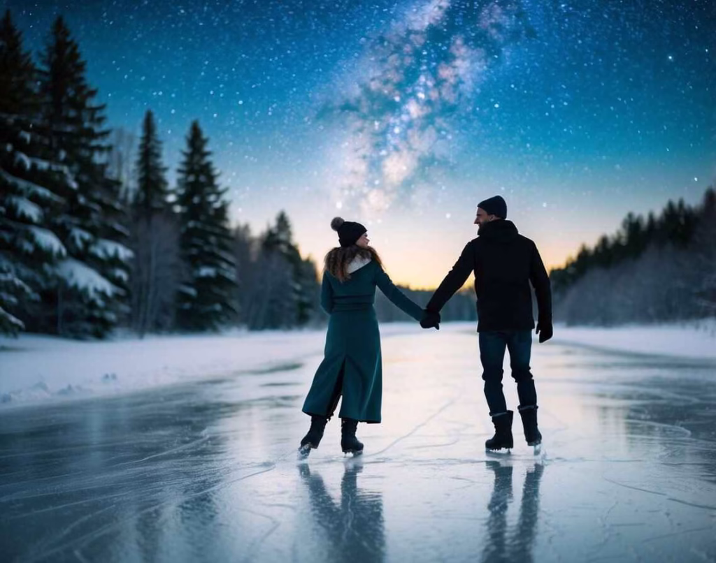 Man and woman holding hands and backcountry ice skating on a frozen lake.