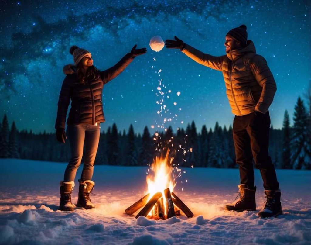 Man and woman having a playful snowball fight next to a campfire.