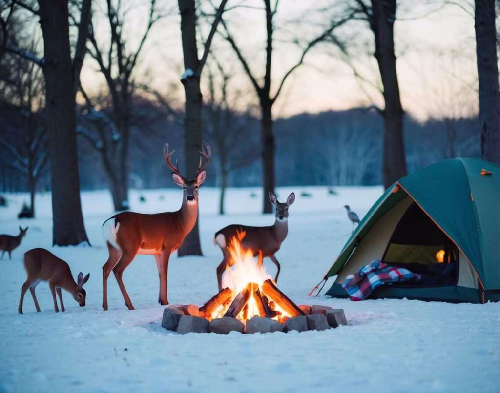 Tent and campfire in the snow wiht deer and a bird in the background.