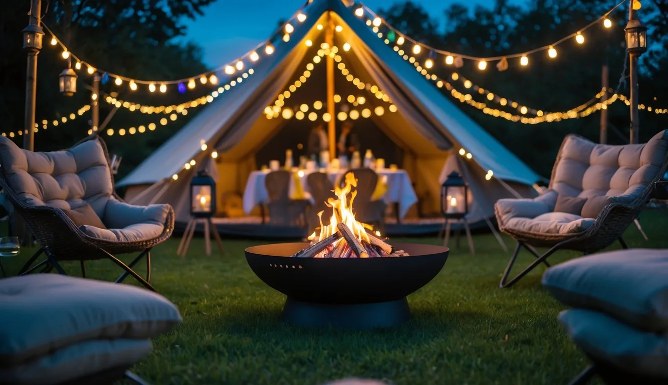 A cozy outdoor setting with twinkling lights, comfortable seating, and several portable fire pits scattered around for a glamping birthday party