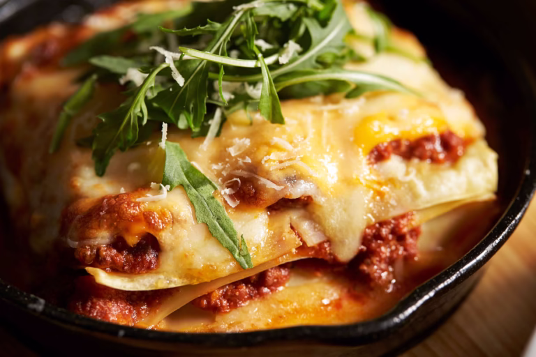 Dutch oven lasagna in a cast iron skillet.