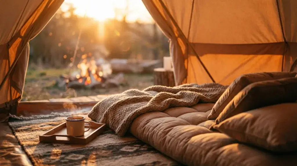Sleeping pad sitting on a rug in a glamping tent with a cup of hot cocoa and a campfire outside.