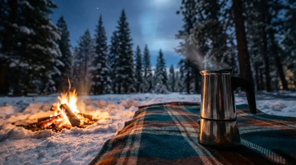 A snowy forest clearing with a cozy campfire, a warm blanket, and a portable espresso maker nestled among winter camping gear