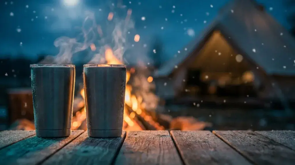 Two insulated mugs sitting on a table at a glamping scene with a campfire and snow.