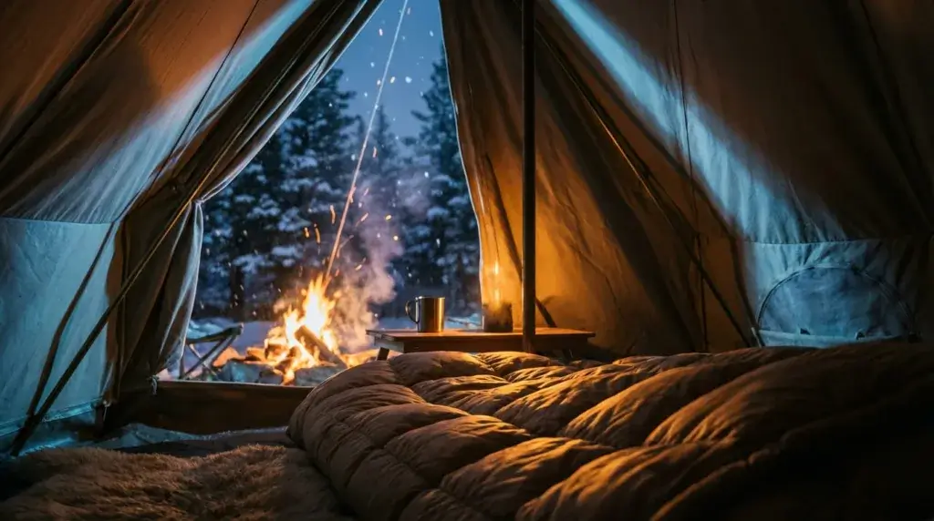 A cozy double layer sleeping bag nestled in a winter glamping tent, surrounded by snowy trees and a crackling campfire