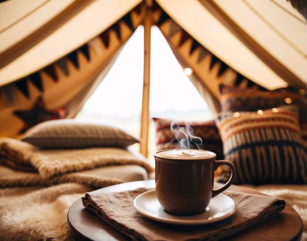 Boho decorated glamping tent with pillows, cozy blankets and a cup of hot cocoa.