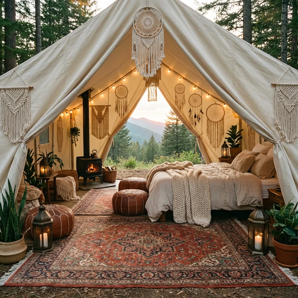 A cozy boho glamping tent nestled in a lush forest, adorned with natural materials, colorful textiles, and potted plants