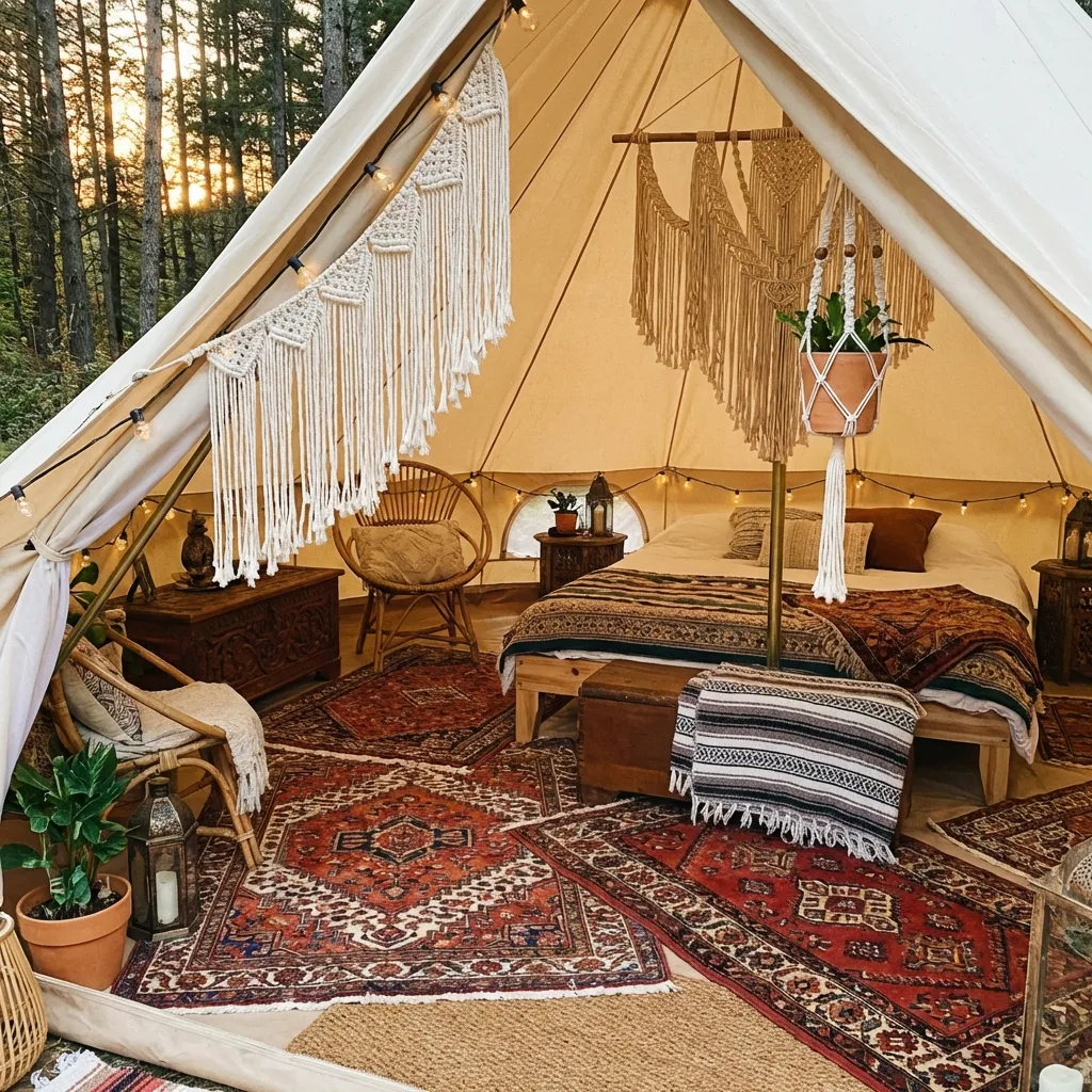Glamping tent with vintage rug, boho aesthetic and macrame wall hangings.