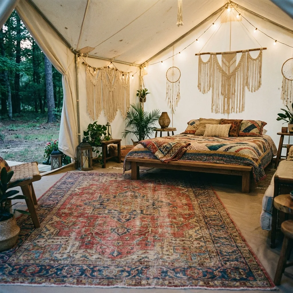 Boho glamping scene with rugs and handwoven macrame.