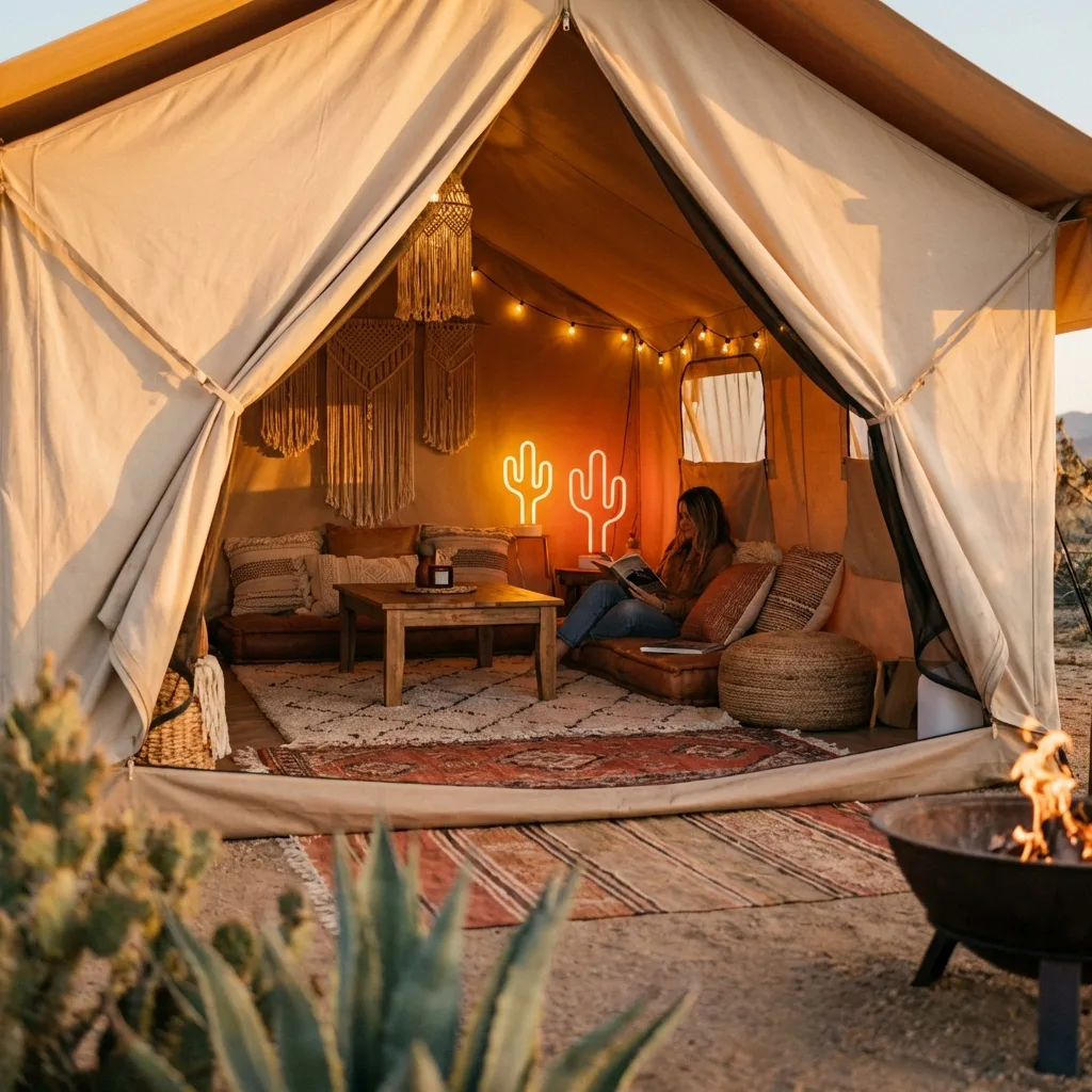 A cozy glamping tent adorned with cactus-shaped neon lights, creating a boho-inspired atmosphere