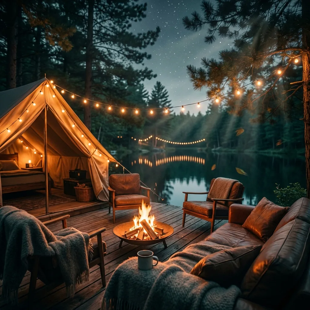 A nighttime outdoor glamping scene lit by warm string fairy lights with cozy seating and natural surroundings.