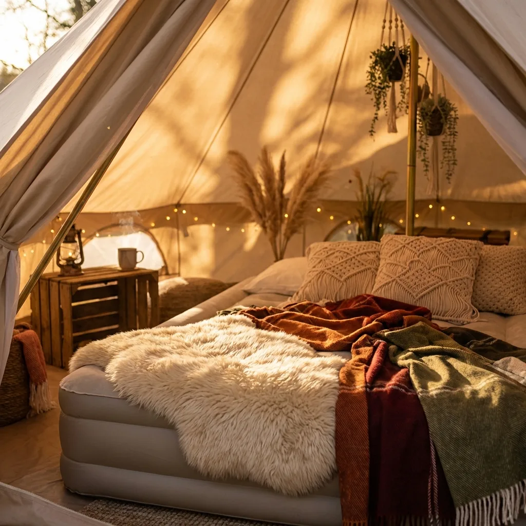 glamping tent with faux fur rug on the bed.