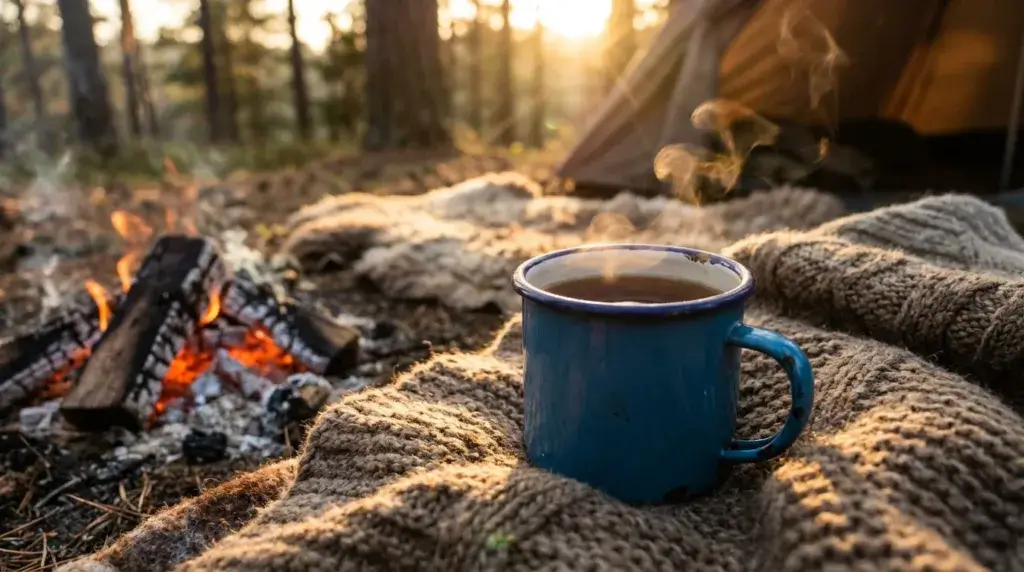 Cozy glamping scene with a campfire and cup of hot tea sitting on blankets.