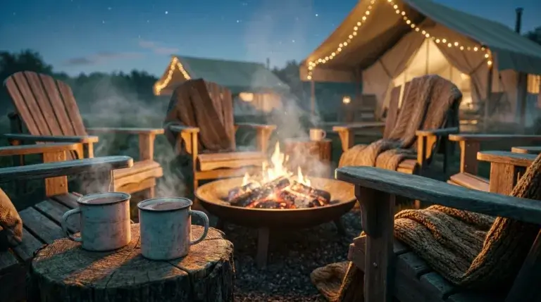 Cozy glamping scene with a campfire, hot cocoa and blankets.