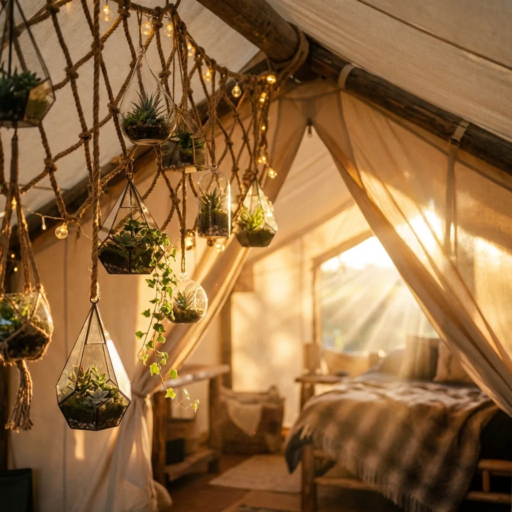 Hanging glass terrariums with plants and fairy lights glowing softly in an outdoor setting.