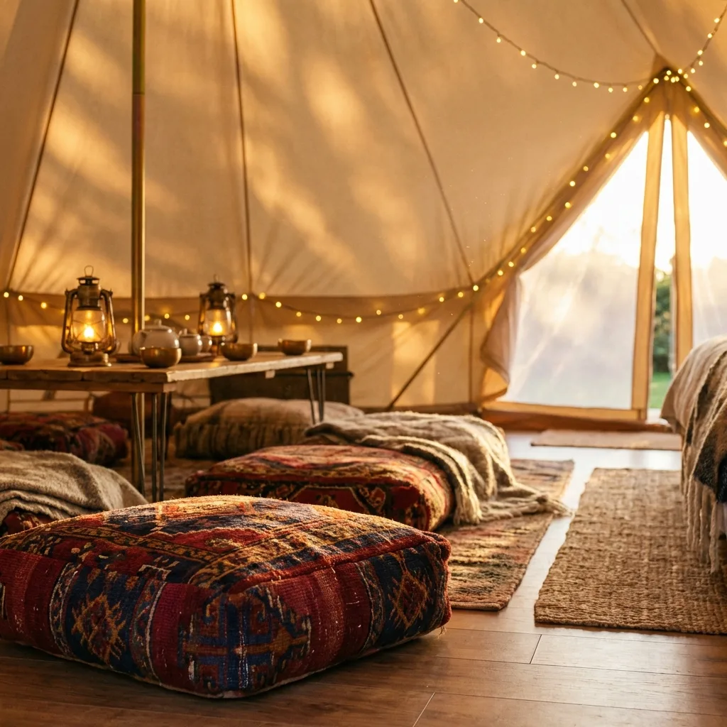 Turkish Kilim Floor Cushions in a glamping tent.