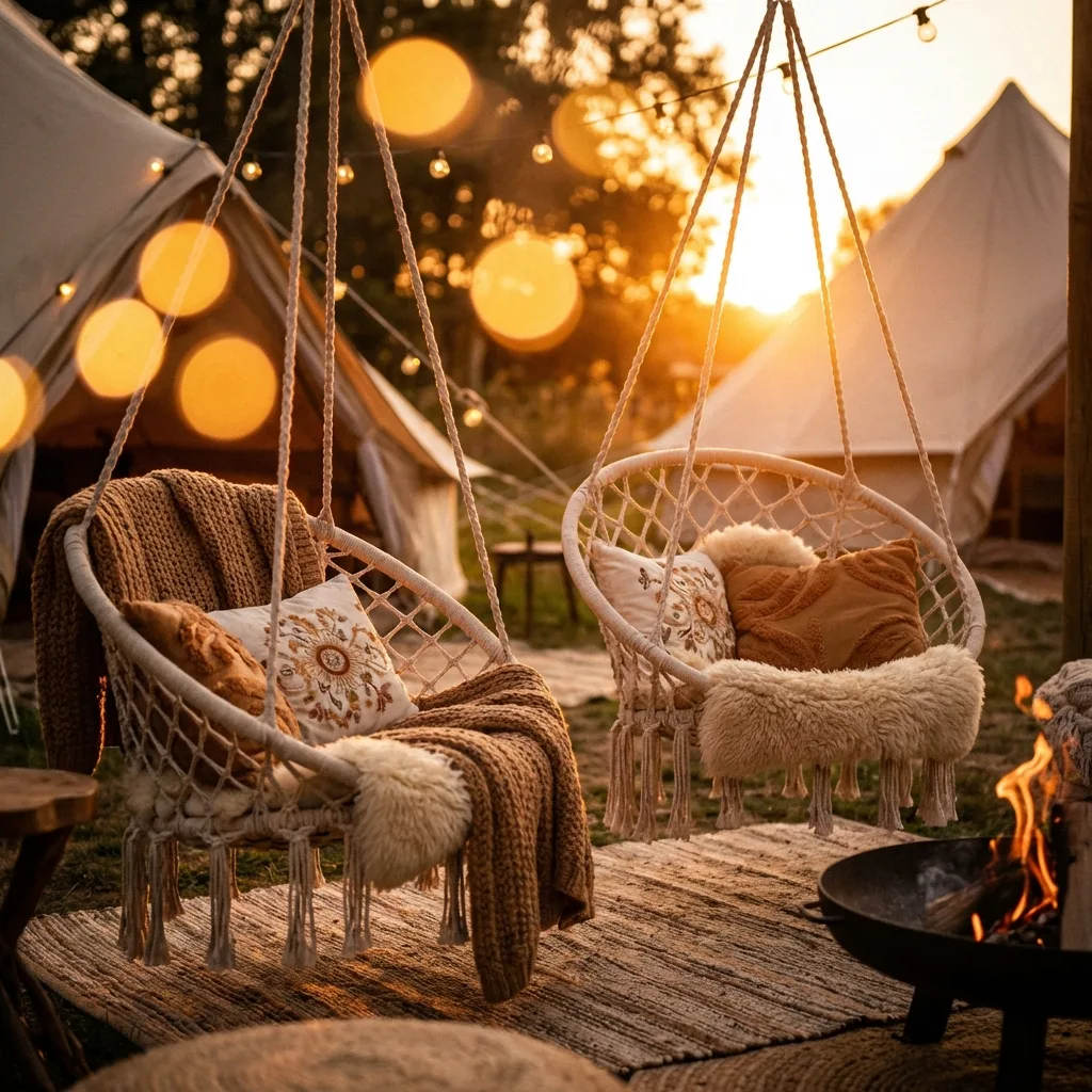 A cozy bohemian glamping setup with macrame hanging chairs, surrounded by lush greenery and twinkling fairy lights