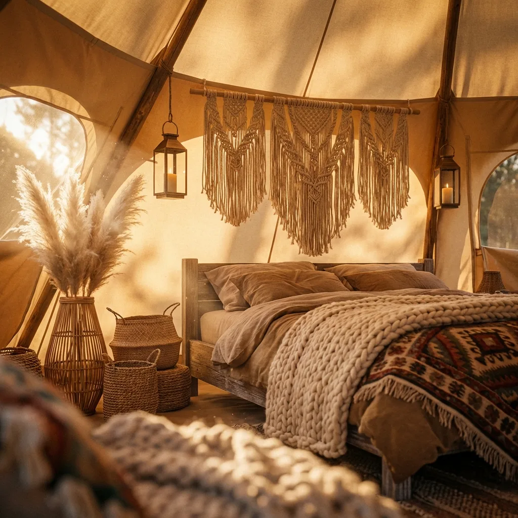 Interior of a glamping tent decorated with handwoven macrame wall hangings and cozy textiles.