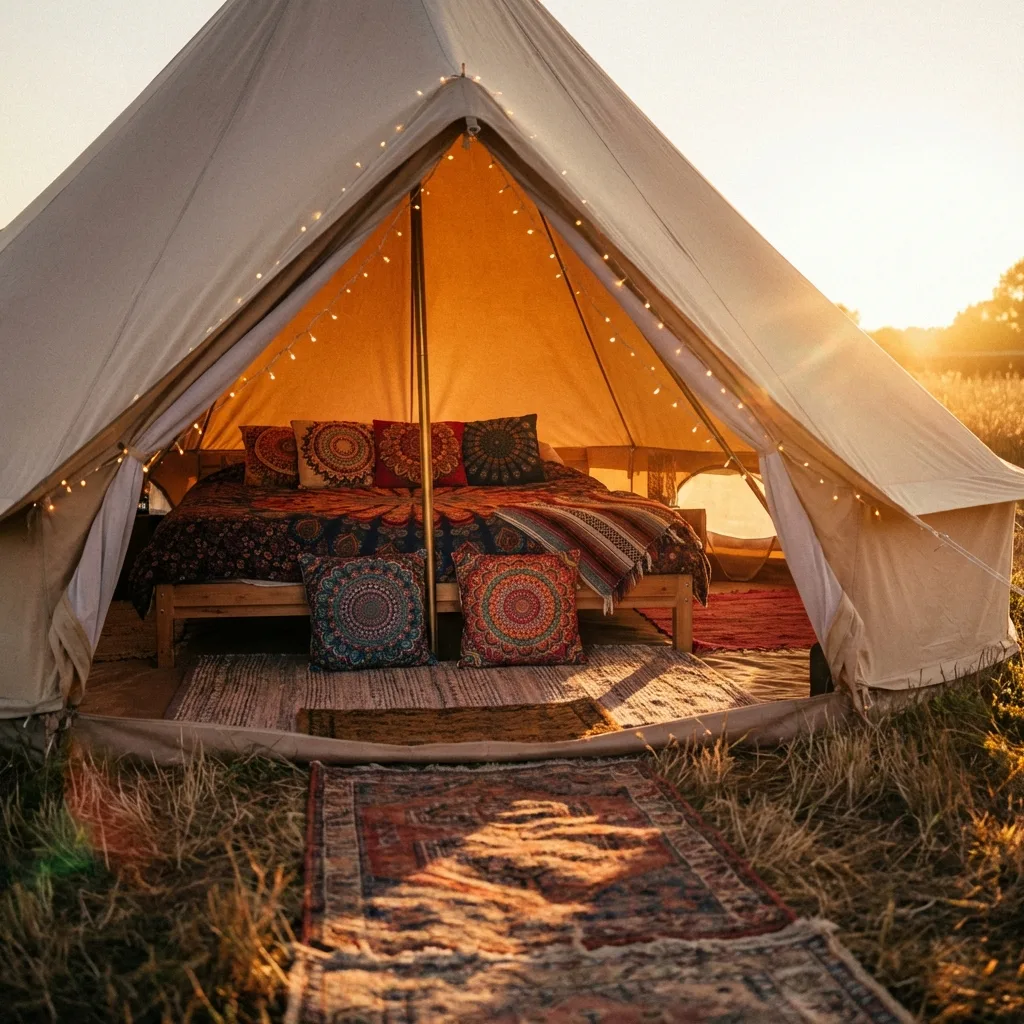 Vibrant mandala pillows scattered on a cozy boho glamping bed, surrounded by lush greenery and twinkling fairy lights