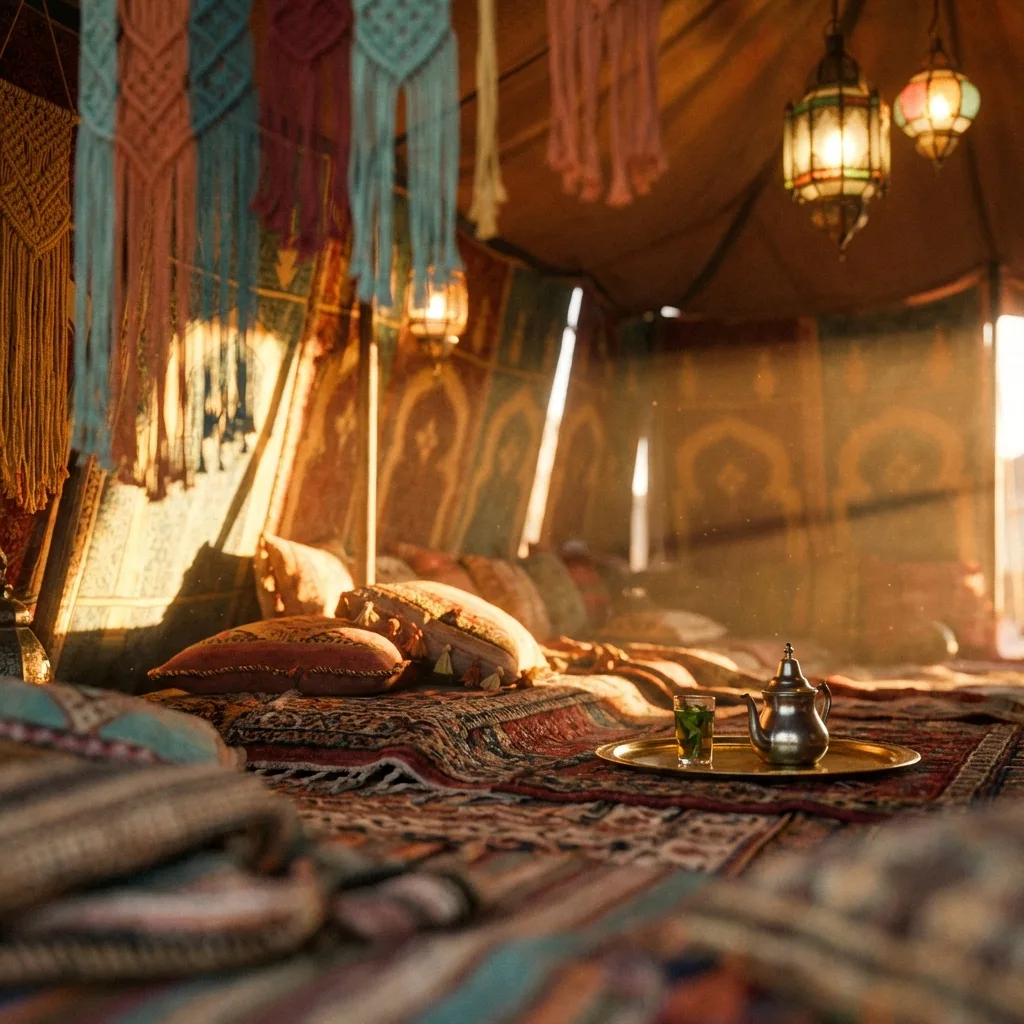 A cozy bohemian tent adorned with vintage Moroccan rugs and colorful decor