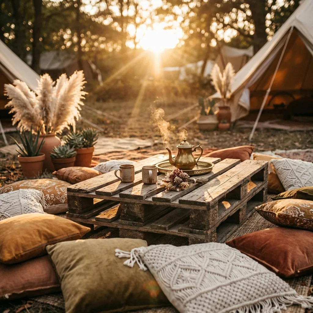 An outdoor low wooden pallet coffee table surrounded by cushions and plants in a natural setting.