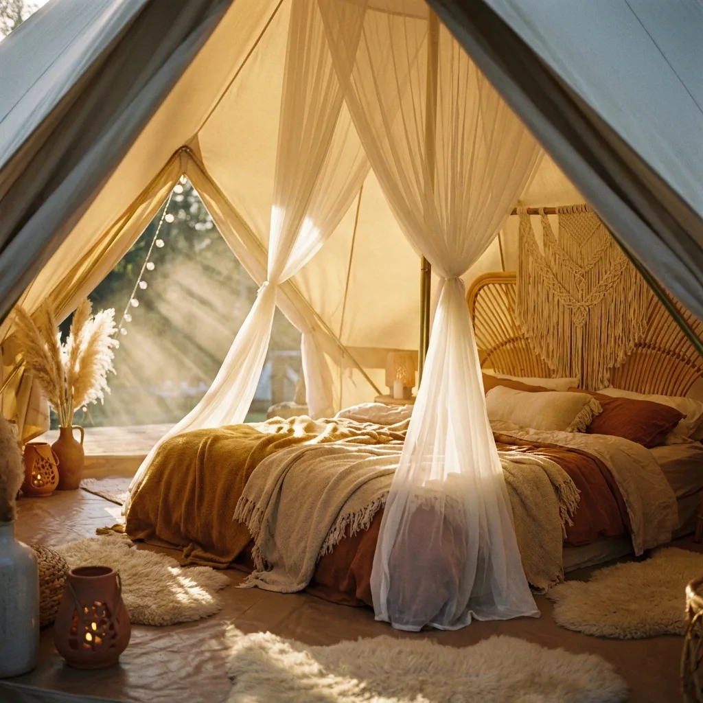 A bed with sheer white fabric draped as a canopy, surrounded by natural decor and soft lighting.