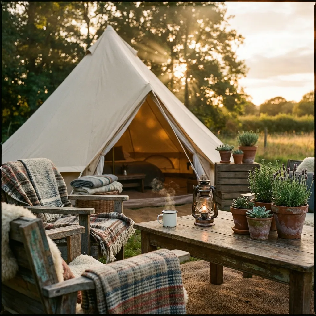 A cozy outdoor glamping scene with potted succulents and herbs arranged around wooden furniture and soft textiles.