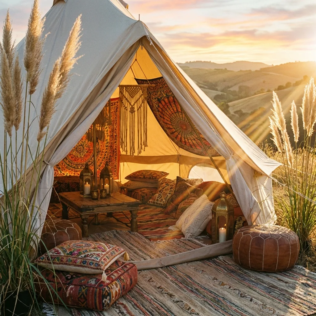 A cozy bohemian tent adorned with colorful tapestry wall hangings, creating a vibrant and eclectic atmosphere for boho glamping decor inspiration