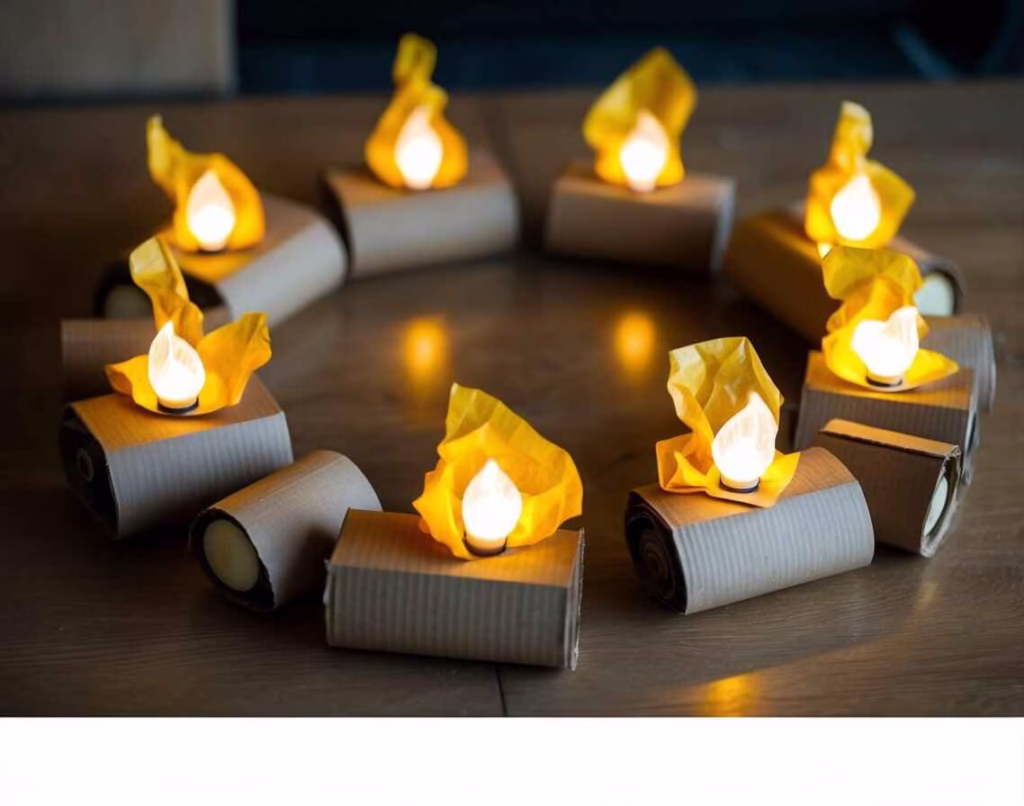 Faux campfire made from cardboard rolls, yellow tissue paper and tea lights.