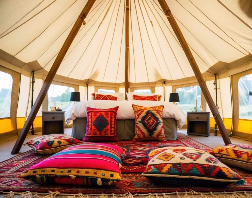 Turkish Kilim Floor Cushions in a glamping tent.