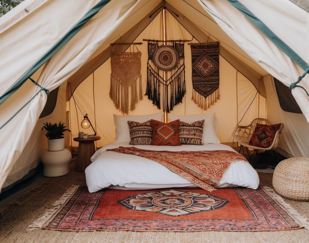 Glamping tent with vintage rug, boho aesthetic and macrame wall hangings.